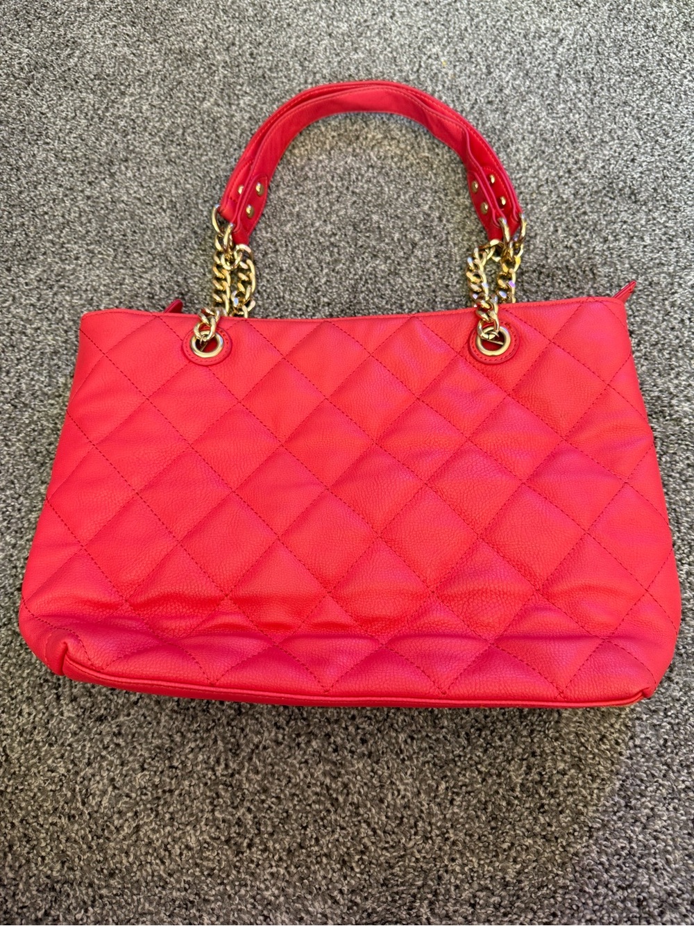 Charming Charlie Quilted Red Shoulder Tote with Gold Chain Handles